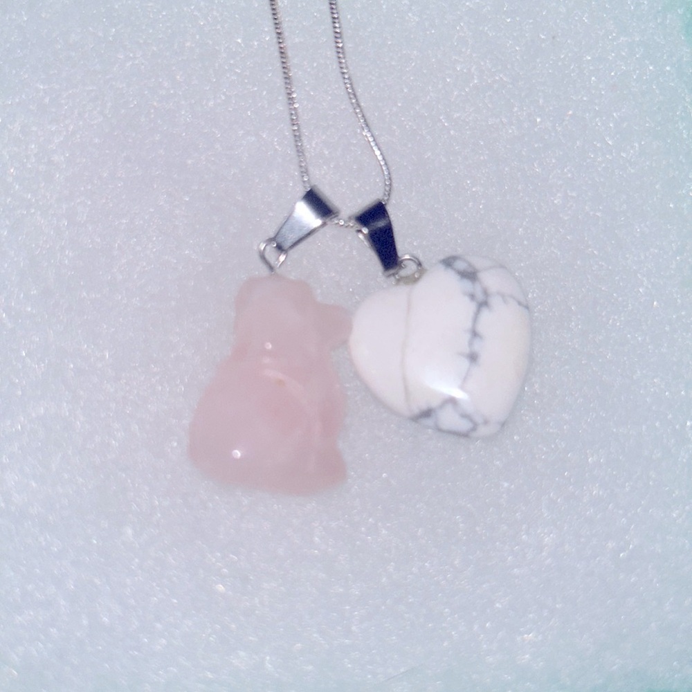 Boho Hippie Howlite love heart Dog and Rose Quartz Heart Silver Necklace 16”